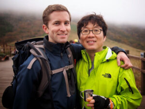 Group of hikers on winter mountain trail