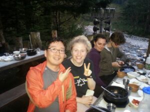 Foreigner eating Korean food after hiking