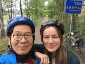 Foreigner and Korean friend riding a bicycle to Chunchon